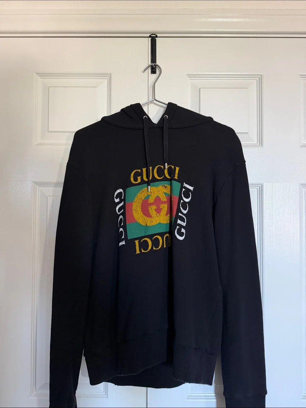 Gucci Black Hoodie with Red & Green Logo and Gold Lettering